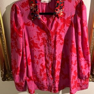 Tanya Taylor hot pink silk blouse with colorful cheetah print collar